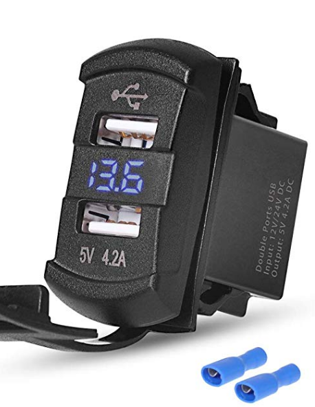 Dual USB Switch type w/ voltmeter in blue read out for Dash Panels- BLUE